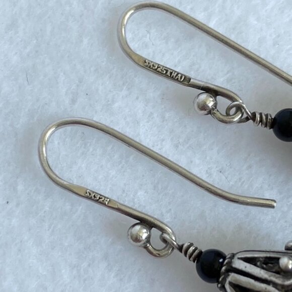 Sterling Silver 925 1.5" Checkerboard Faceted Black Glass Beaded Dangle Earrings - Picture 9 of 16